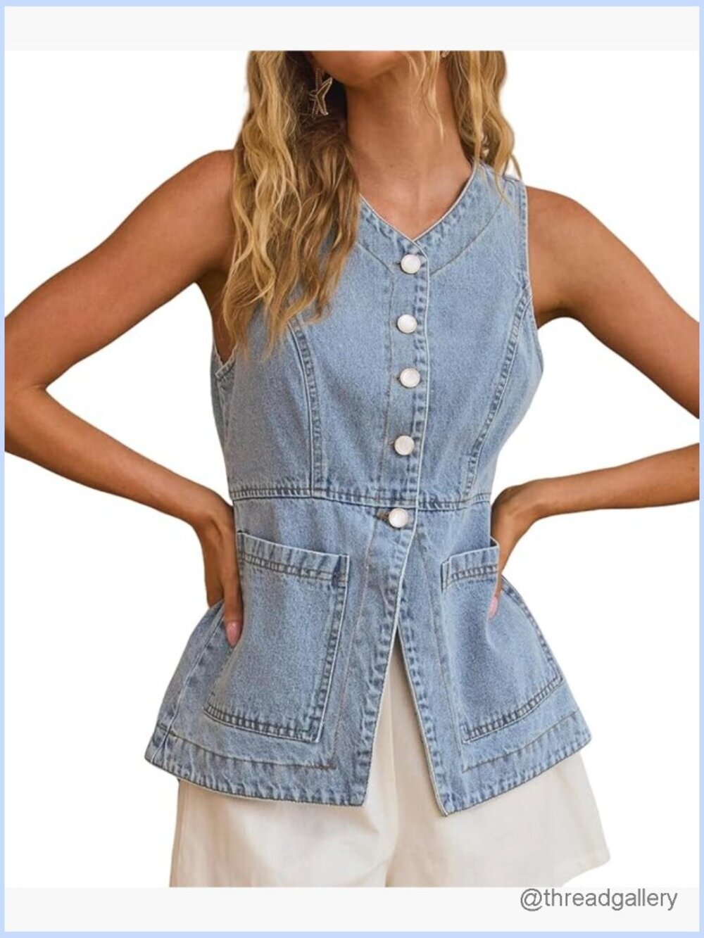 Sleeveless Long Denim Vest with Pockets - Button Up Dressy Blazer